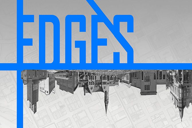 AIA Wyoming Spring Conference: Insights from the “Edges” of Architecture; Bold blue text reading "EDGES" overlays an inverted grayscale cityscape. Geometric lines intersect, adding a modern, dynamic feel. Background features a subtle map.
