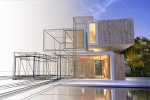 President’s Message: Year in Review; Modern house design merging with a digital wireframe on the left, showcasing an architectural concept. The house reflects on a pool, framed by trees.